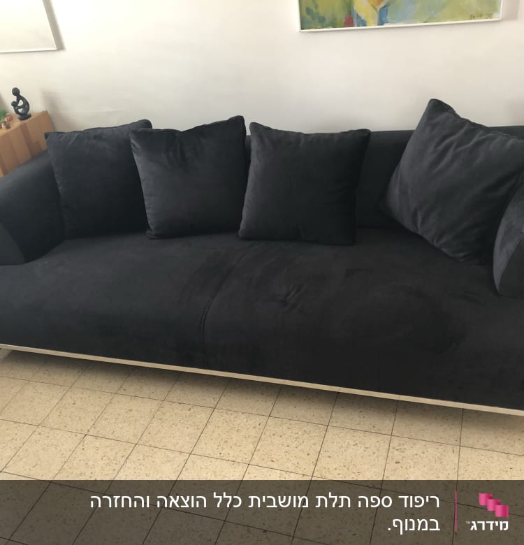 ספה עם ריפוד כהה וכריות מרופדות